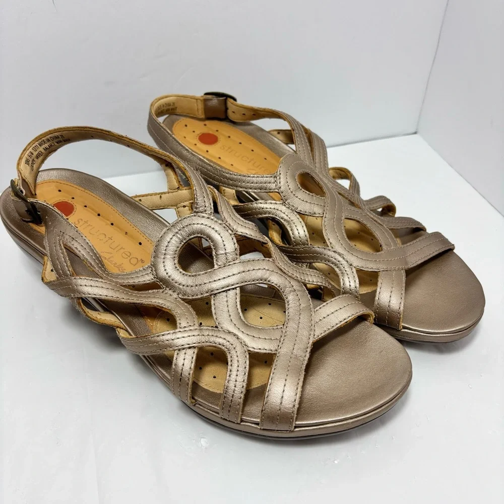 Clarks Unstructured Sandals Strappy Slingback Brown Taupe Wedge Heel Women 9.5 M